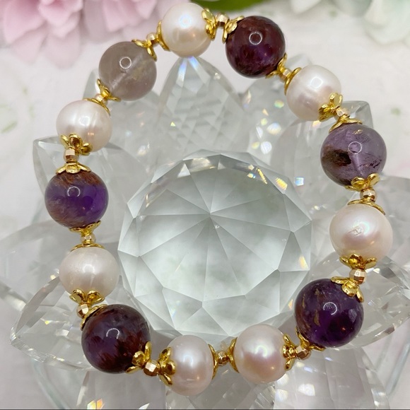 Nature Purple phantom Crystal& Pearl bracelet - Picture 2 of 5